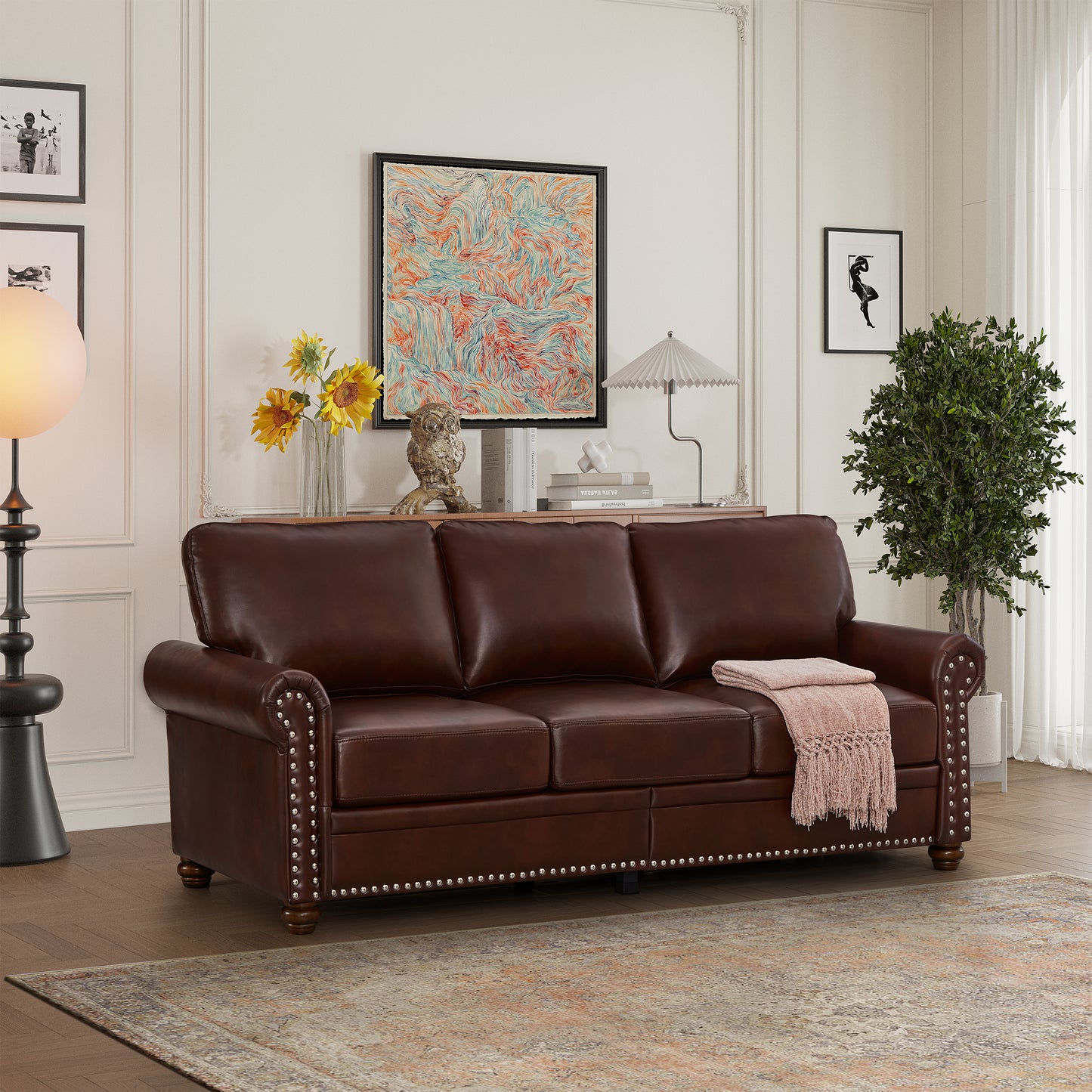 Classic Living Room Nails Sofa Burgundy Faux Leather