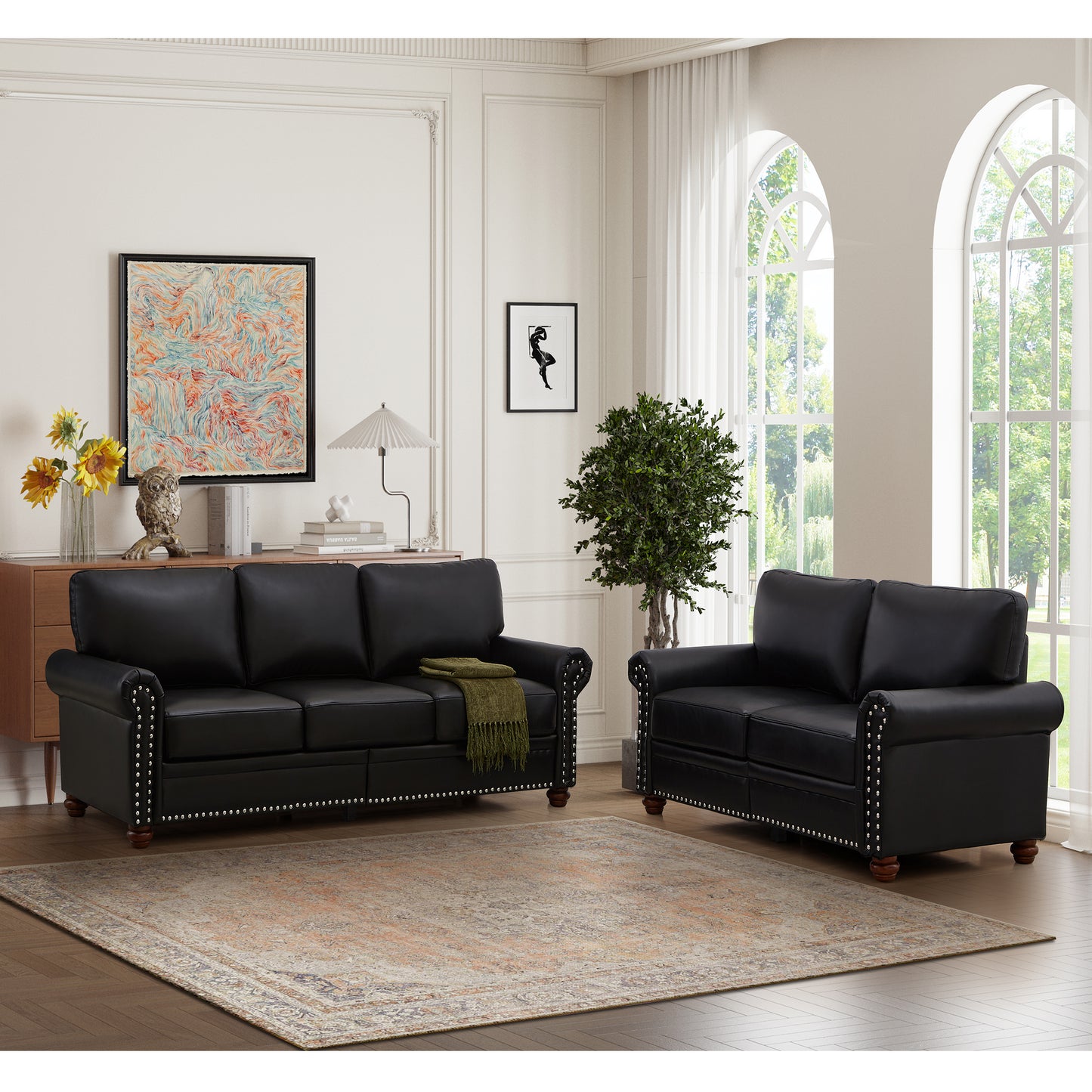 Living Room Sofa with Storage Sofa 2+3 Sectional Black Faux Leather