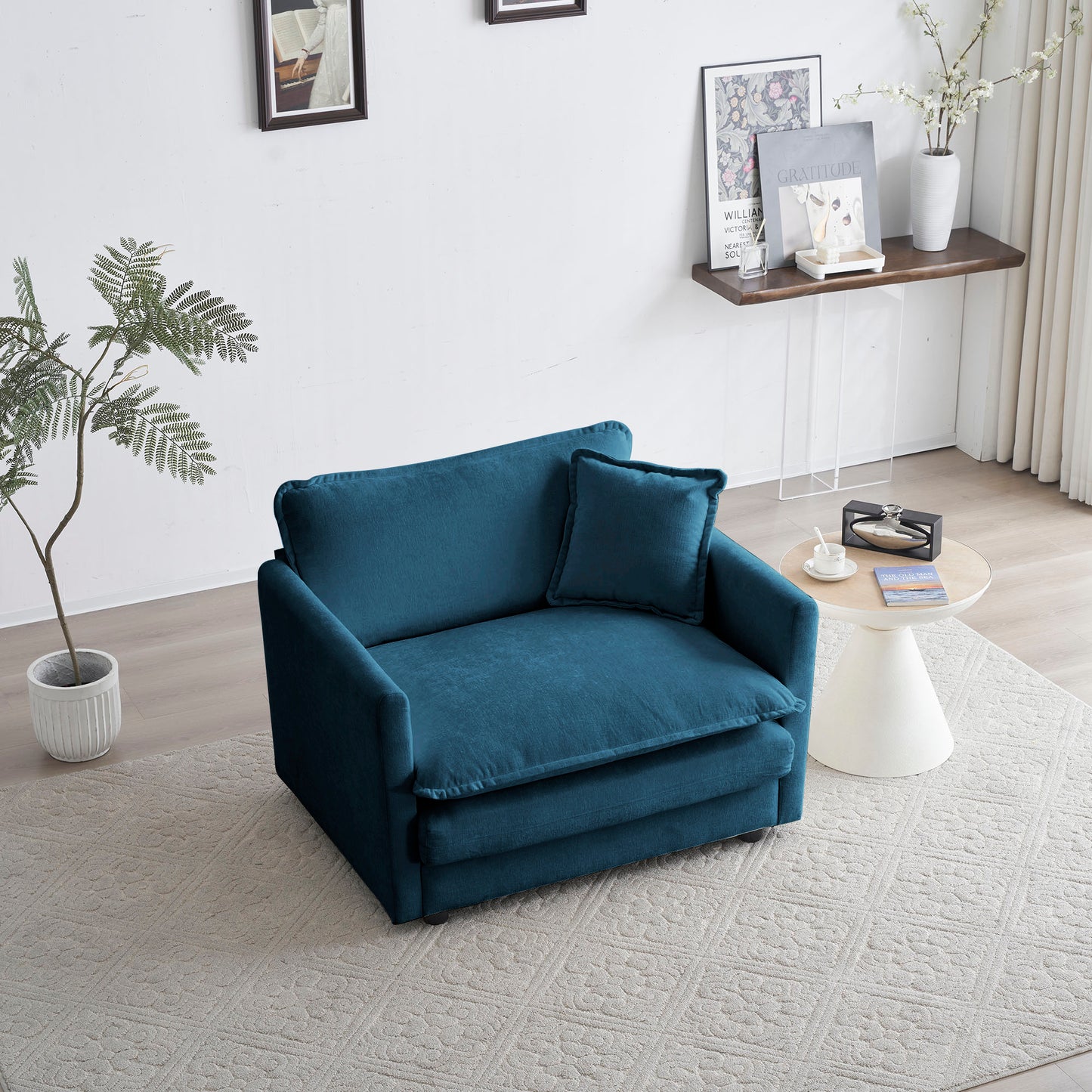 Comfy Deep Single Seat Sofa Upholstered Reading Armchair Living Room Chair Blue Chenille Fabric, 1 Toss Pillow