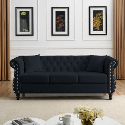 80" Chesterfield Sofa Black Velvet for Living Room, 3 Seater Sofa Tufted Couch with Rolled Arms and Nailhead for Living Room, Bedroom, Office, Apartment, 3S+2S