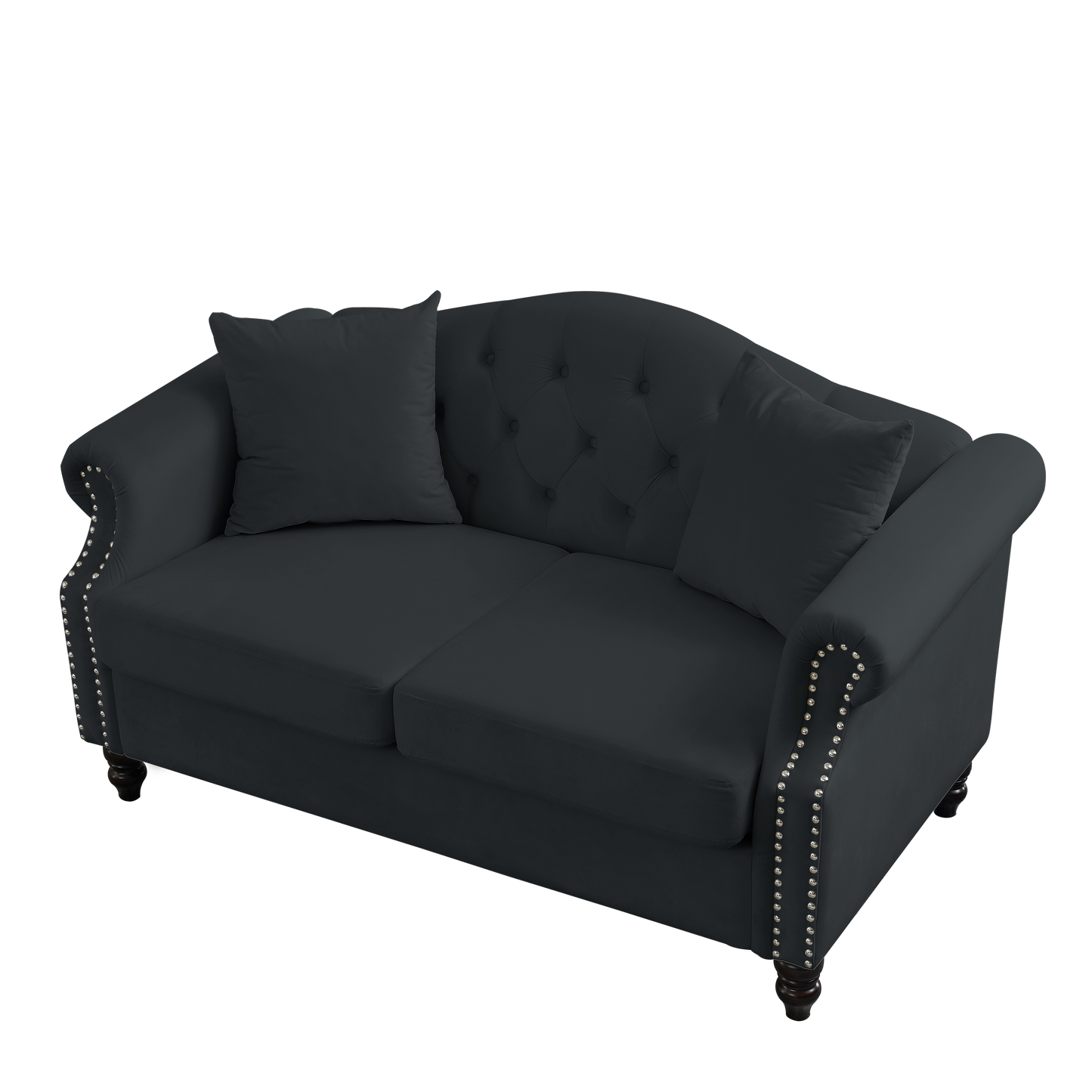 57" Chesterfield Sofa Black Velvet for Living Room, 2 Seater Sofa Tufted Couch with Rolled Arms and Nailhead for Living Room, Bedroom, Office, Apartment, two pillows