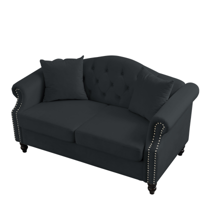 57" Chesterfield Sofa Black Velvet for Living Room, 2 Seater Sofa Tufted Couch with Rolled Arms and Nailhead for Living Room, Bedroom, Office, Apartment, two pillows