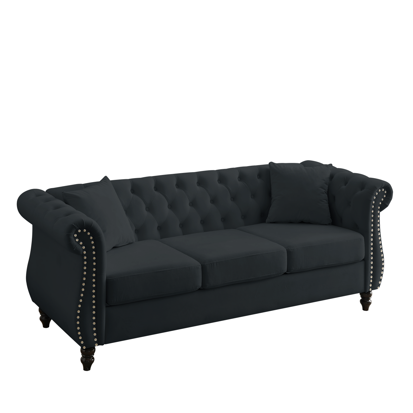 80" Chesterfield Sofa Black Velvet for Living Room, 3 Seater Sofa Tufted Couch with Rolled Arms and Nailhead for Living Room, Bedroom, Office, Apartment, 3S+2S