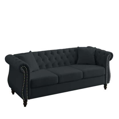 80" Chesterfield Sofa Black Velvet for Living Room, 3 Seater Sofa Tufted Couch with Rolled Arms and Nailhead for Living Room, Bedroom, Office, Apartment, 3S+2S