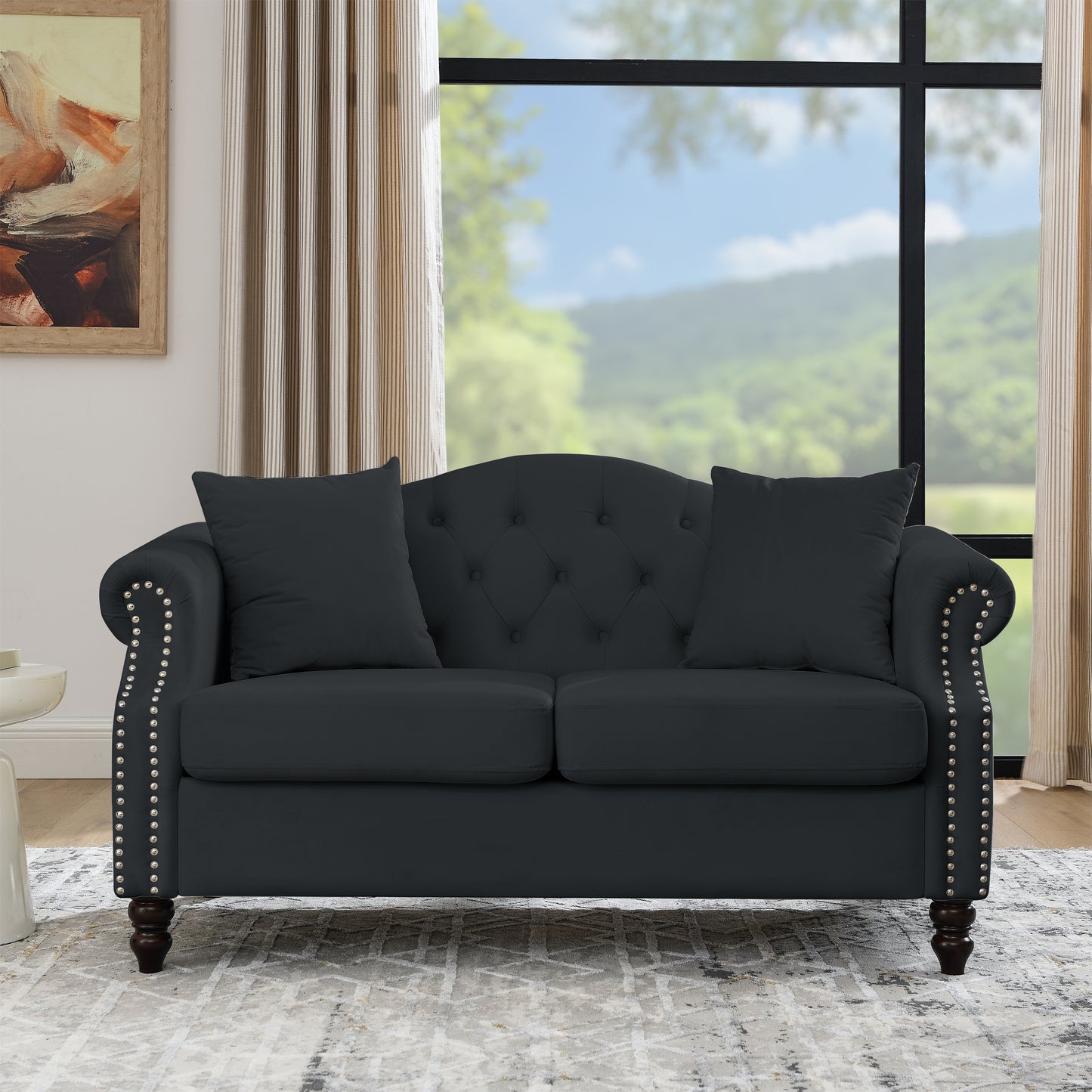 57" Chesterfield Sofa Black Velvet for Living Room, 2 Seater Sofa Tufted Couch with Rolled Arms and Nailhead for Living Room, Bedroom, Office, Apartment, two pillows