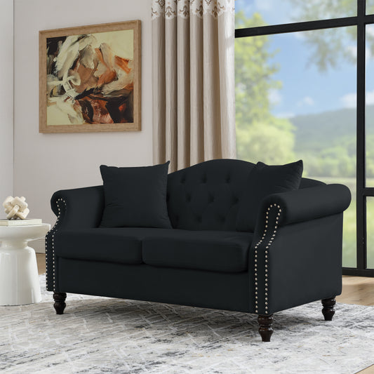 57" Chesterfield Sofa Black Velvet for Living Room, 2 Seater Sofa Tufted Couch with Rolled Arms and Nailhead for Living Room, Bedroom, Office, Apartment, two pillows