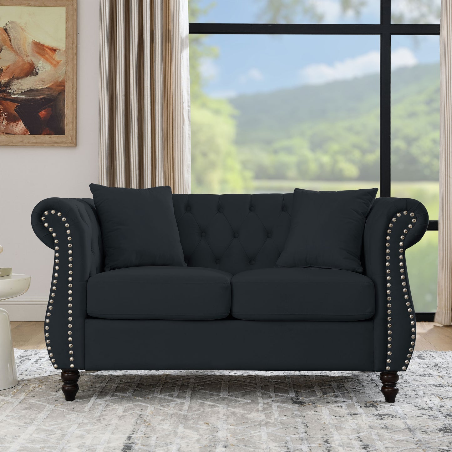 58.8" Chesterfield Sofa Black Velvet for Living Room, 2 Seater Sofa Tufted Couch with Rolled Arms and Nailhead for Living Room, Bedroom, Office, Apartment, two pillows