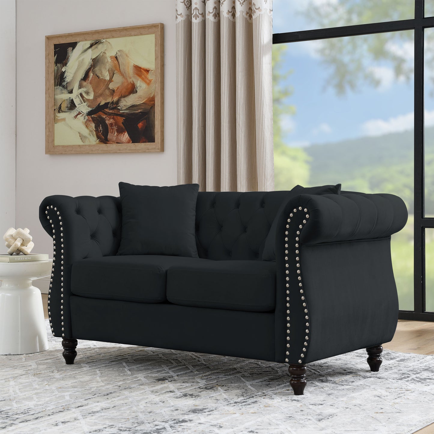 58.8" Chesterfield Sofa Black Velvet for Living Room, 2 Seater Sofa Tufted Couch with Rolled Arms and Nailhead for Living Room, Bedroom, Office, Apartment, two pillows