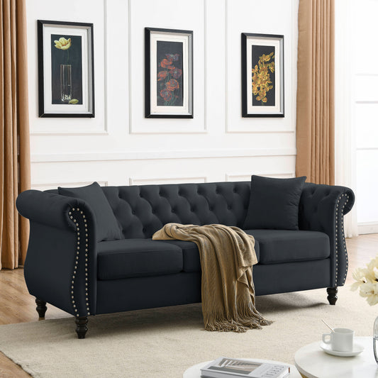 80" Chesterfield Sofa Black Velvet for Living Room, 3 Seater Sofa Tufted Couch with Rolled Arms and Nailhead for Living Room, Bedroom, Office, Apartment, two pillows