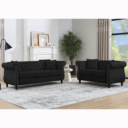 80" Chesterfield Sofa Black Velvet for Living Room, 3 Seater Sofa Tufted Couch with Rolled Arms and Nailhead for Living Room, Bedroom, Office, Apartment, 3S+2S