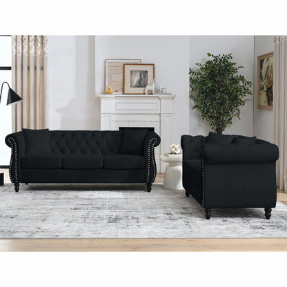 80" Chesterfield Sofa Black Velvet for Living Room, 3 Seater Sofa Tufted Couch with Rolled Arms and Nailhead for Living Room, Bedroom, Office, Apartment, 3S+2S