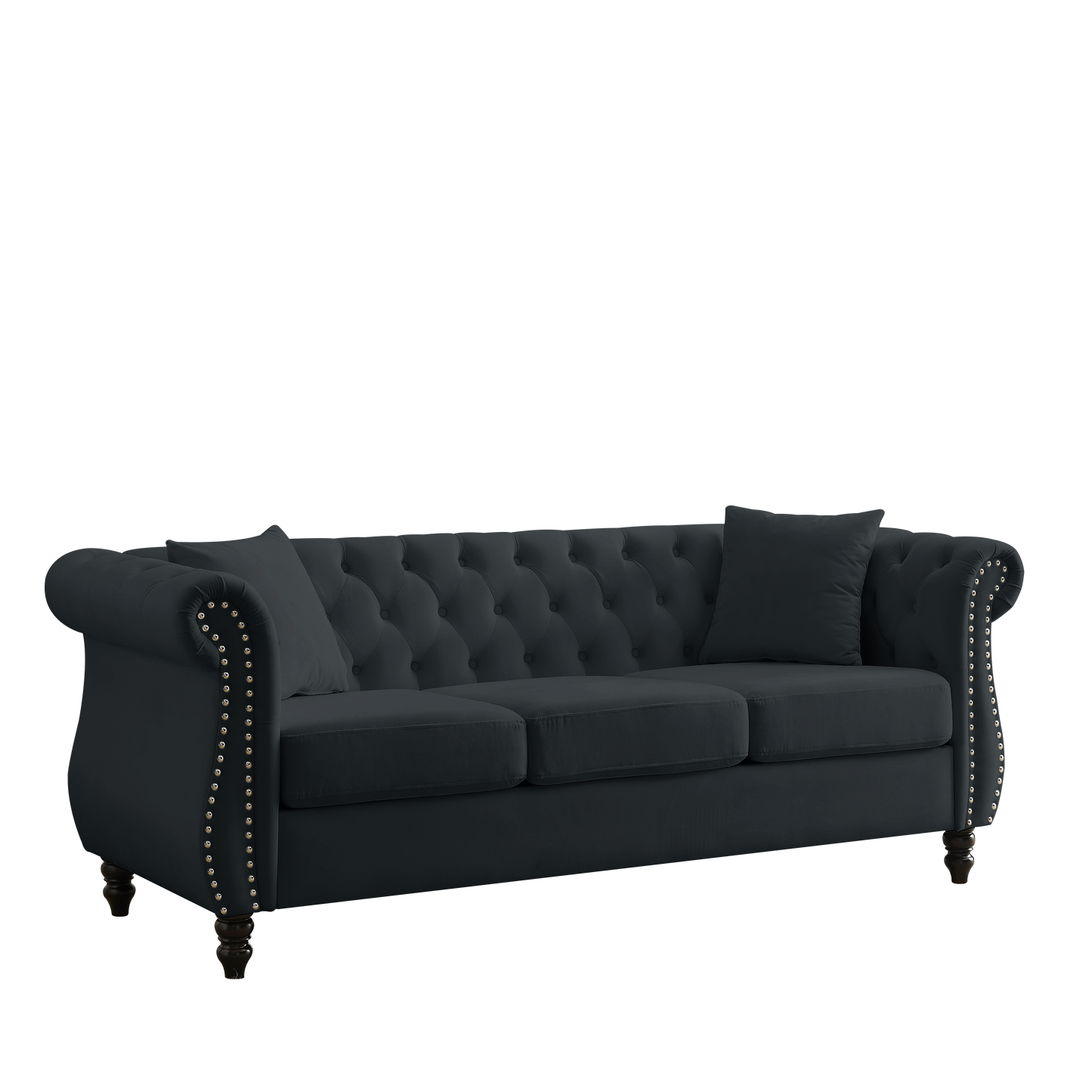 80" Chesterfield Sofa Black Velvet for Living Room, 3 Seater Sofa Tufted Couch with Rolled Arms and Nailhead for Living Room, Bedroom, Office, Apartment, 3S+2S