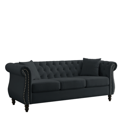 80" Chesterfield Sofa Black Velvet for Living Room, 3 Seater Sofa Tufted Couch with Rolled Arms and Nailhead for Living Room, Bedroom, Office, Apartment, 3S+2S