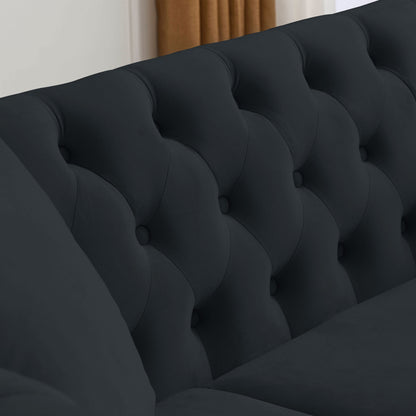 58.8" Chesterfield Sofa Black Velvet for Living Room, 2 Seater Sofa Tufted Couch with Rolled Arms and Nailhead for Living Room, Bedroom, Office, Apartment, two pillows