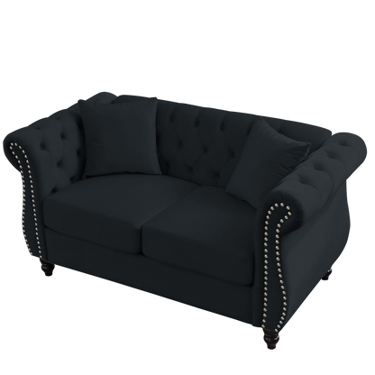 58.8" Chesterfield Sofa Black Velvet for Living Room, 2 Seater Sofa Tufted Couch with Rolled Arms and Nailhead for Living Room, Bedroom, Office, Apartment, two pillows