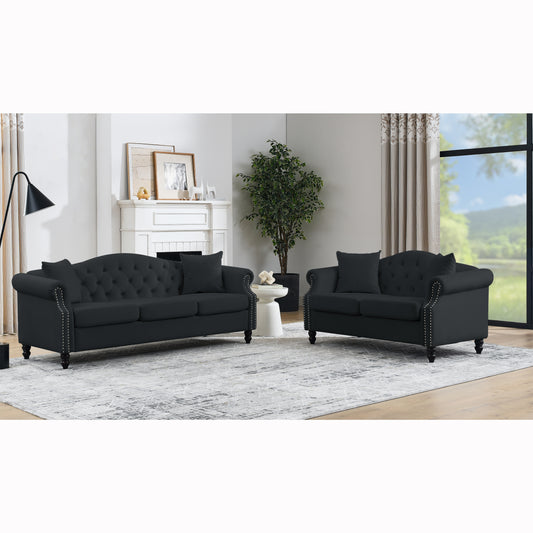 79" Chesterfield Sofa Black Velvet for Living Room, 3 Seater Sofa Tufted Couch with Rolled Arms and Nailhead for Living Room, Bedroom, Office, Apartment, 3S+2S