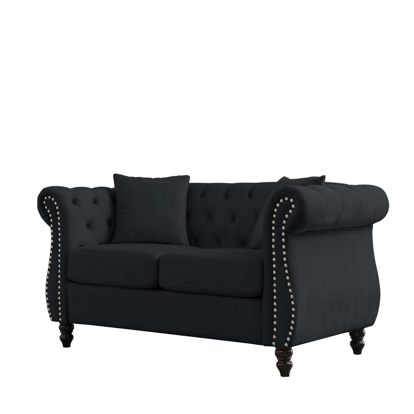 58.8" Chesterfield Sofa Black Velvet for Living Room, 2 Seater Sofa Tufted Couch with Rolled Arms and Nailhead for Living Room, Bedroom, Office, Apartment, two pillows