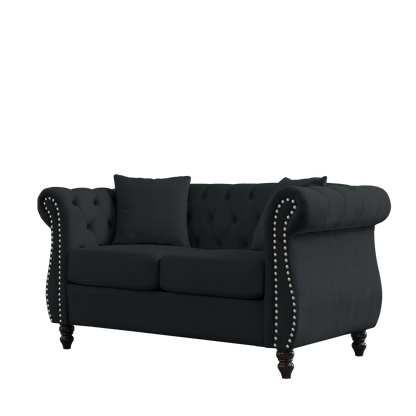 58.8" Chesterfield Sofa Black Velvet for Living Room, 2 Seater Sofa Tufted Couch with Rolled Arms and Nailhead for Living Room, Bedroom, Office, Apartment, two pillows