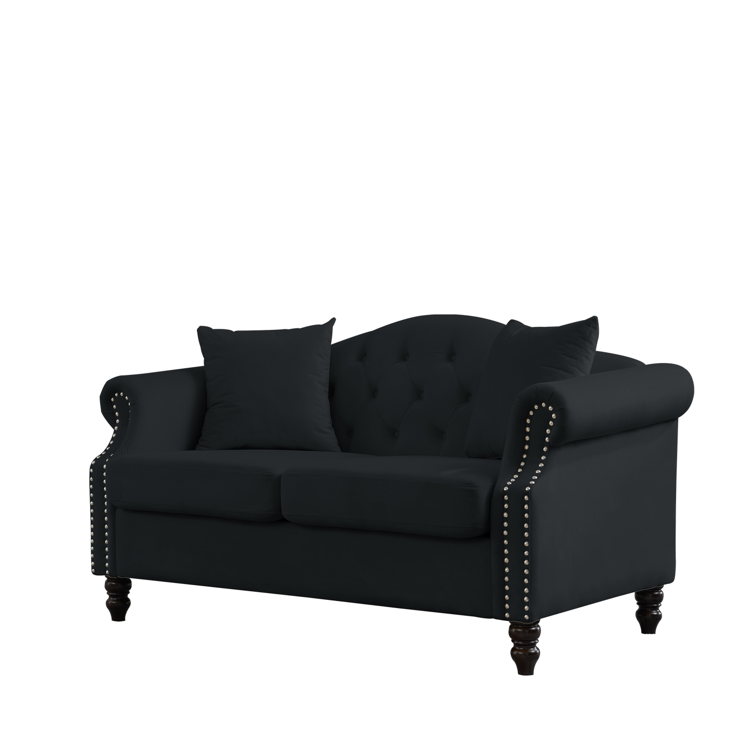 57" Chesterfield Sofa Black Velvet for Living Room, 2 Seater Sofa Tufted Couch with Rolled Arms and Nailhead for Living Room, Bedroom, Office, Apartment, two pillows