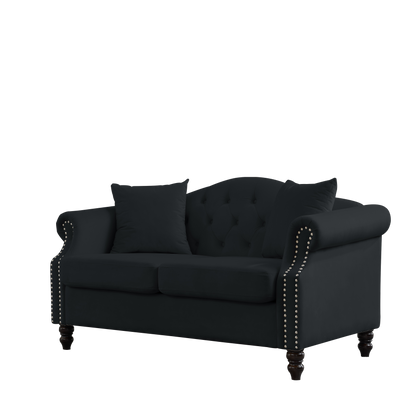 57" Chesterfield Sofa Black Velvet for Living Room, 2 Seater Sofa Tufted Couch with Rolled Arms and Nailhead for Living Room, Bedroom, Office, Apartment, two pillows