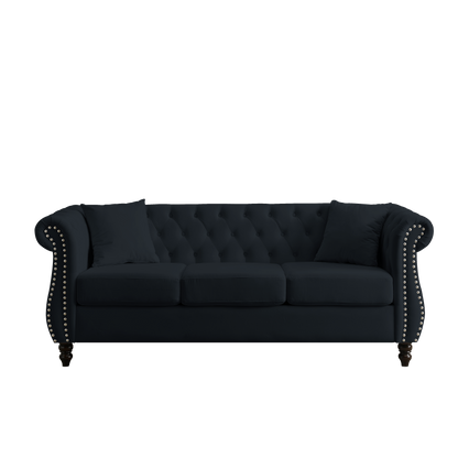 80" Chesterfield Sofa Black Velvet for Living Room, 3 Seater Sofa Tufted Couch with Rolled Arms and Nailhead for Living Room, Bedroom, Office, Apartment, 3S+2S