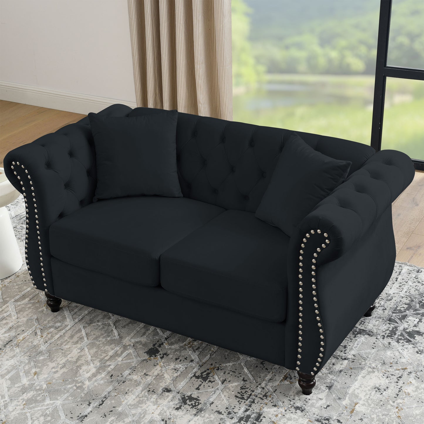 58.8" Chesterfield Sofa Black Velvet for Living Room, 2 Seater Sofa Tufted Couch with Rolled Arms and Nailhead for Living Room, Bedroom, Office, Apartment, two pillows