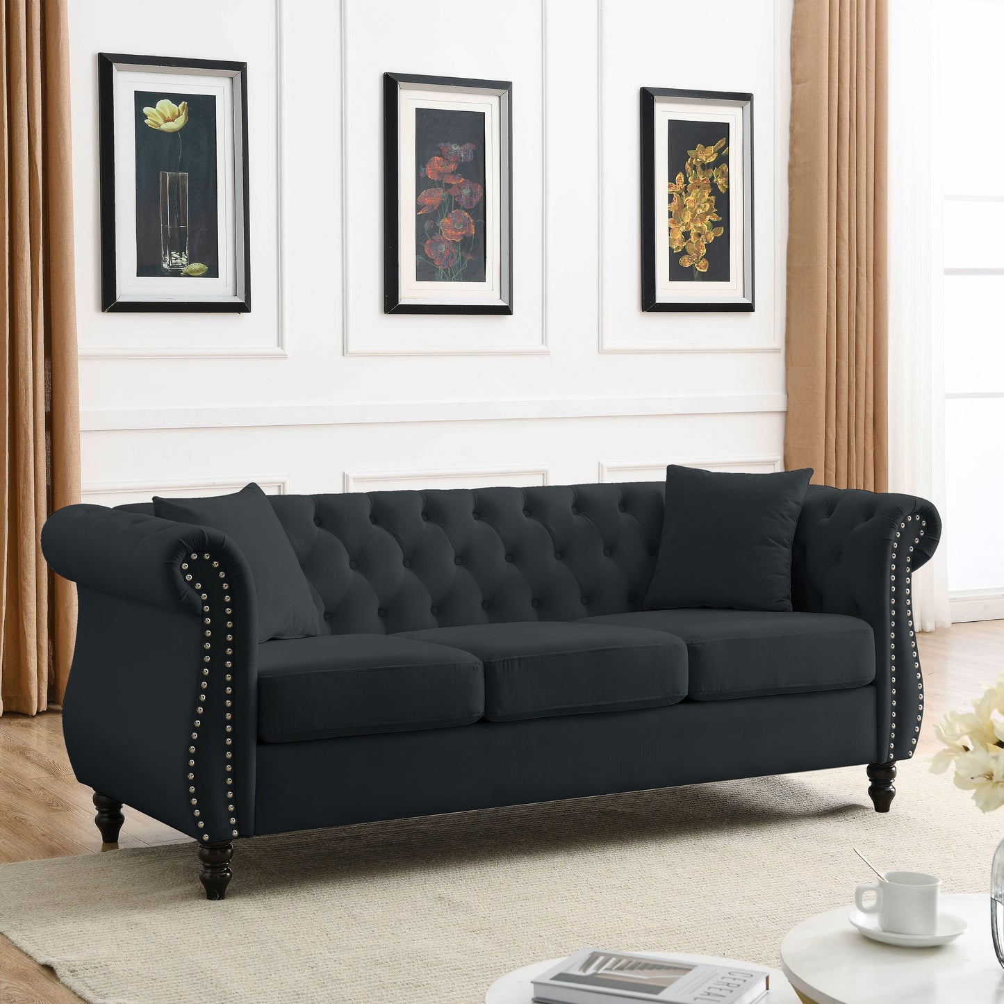 80" Chesterfield Sofa Black Velvet for Living Room, 3 Seater Sofa Tufted Couch with Rolled Arms and Nailhead for Living Room, Bedroom, Office, Apartment, 3S+2S