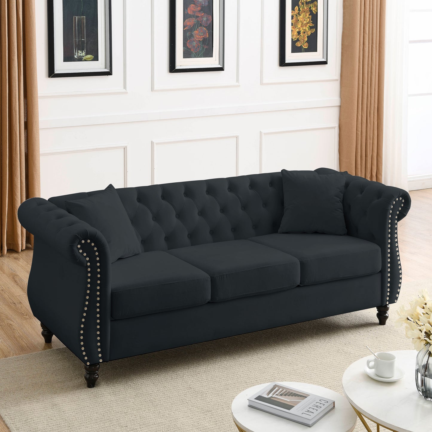 80" Chesterfield Sofa Black Velvet for Living Room, 3 Seater Sofa Tufted Couch with Rolled Arms and Nailhead for Living Room, Bedroom, Office, Apartment, two pillows