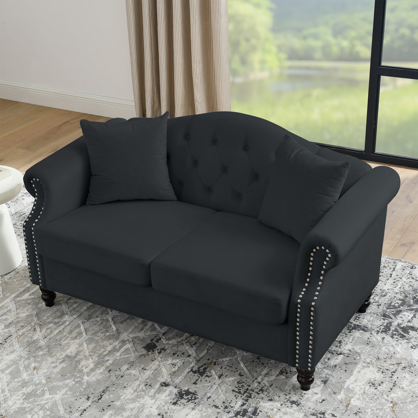 57" Chesterfield Sofa Black Velvet for Living Room, 2 Seater Sofa Tufted Couch with Rolled Arms and Nailhead for Living Room, Bedroom, Office, Apartment, two pillows