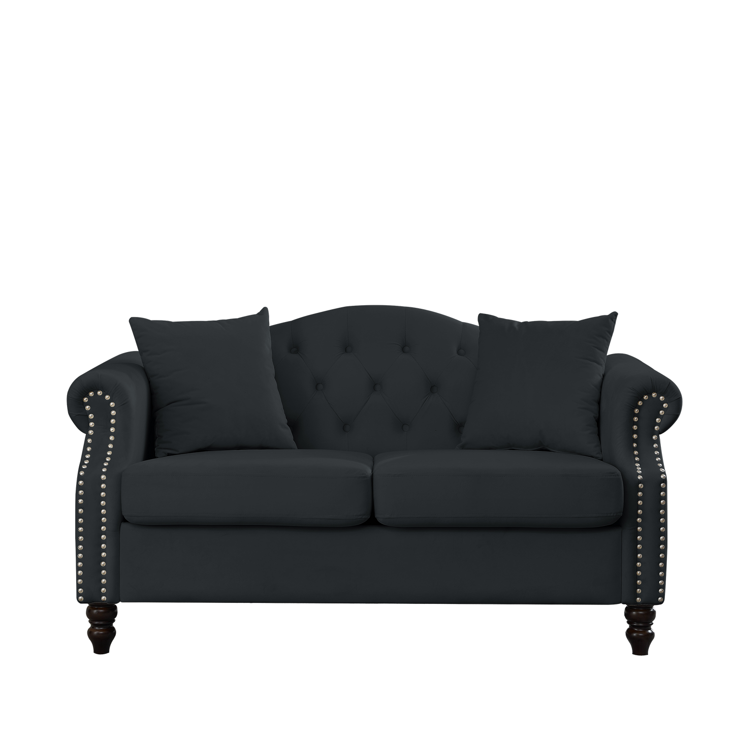 57" Chesterfield Sofa Black Velvet for Living Room, 2 Seater Sofa Tufted Couch with Rolled Arms and Nailhead for Living Room, Bedroom, Office, Apartment, two pillows