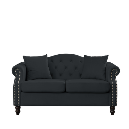 57" Chesterfield Sofa Black Velvet for Living Room, 2 Seater Sofa Tufted Couch with Rolled Arms and Nailhead for Living Room, Bedroom, Office, Apartment, two pillows