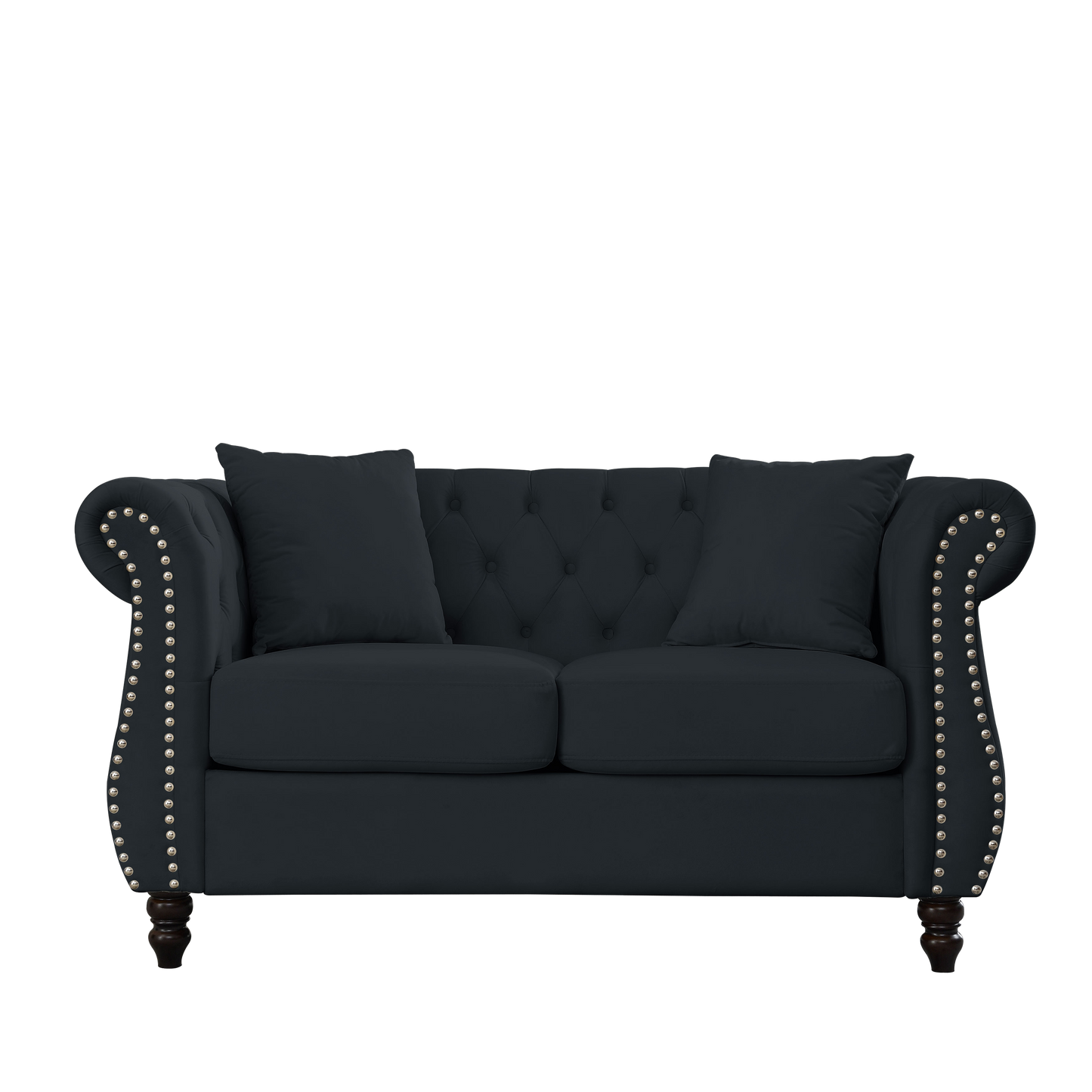 58.8" Chesterfield Sofa Black Velvet for Living Room, 2 Seater Sofa Tufted Couch with Rolled Arms and Nailhead for Living Room, Bedroom, Office, Apartment, two pillows