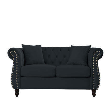 58.8" Chesterfield Sofa Black Velvet for Living Room, 2 Seater Sofa Tufted Couch with Rolled Arms and Nailhead for Living Room, Bedroom, Office, Apartment, two pillows