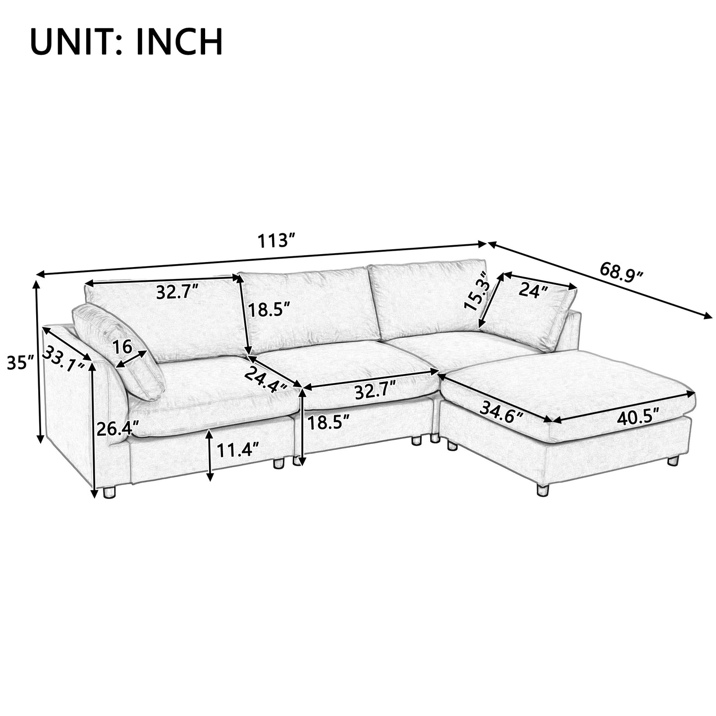 U_STYLE Upholstery Convertible Sectional Sofa, L Shaped Couch with Reversible Chaise