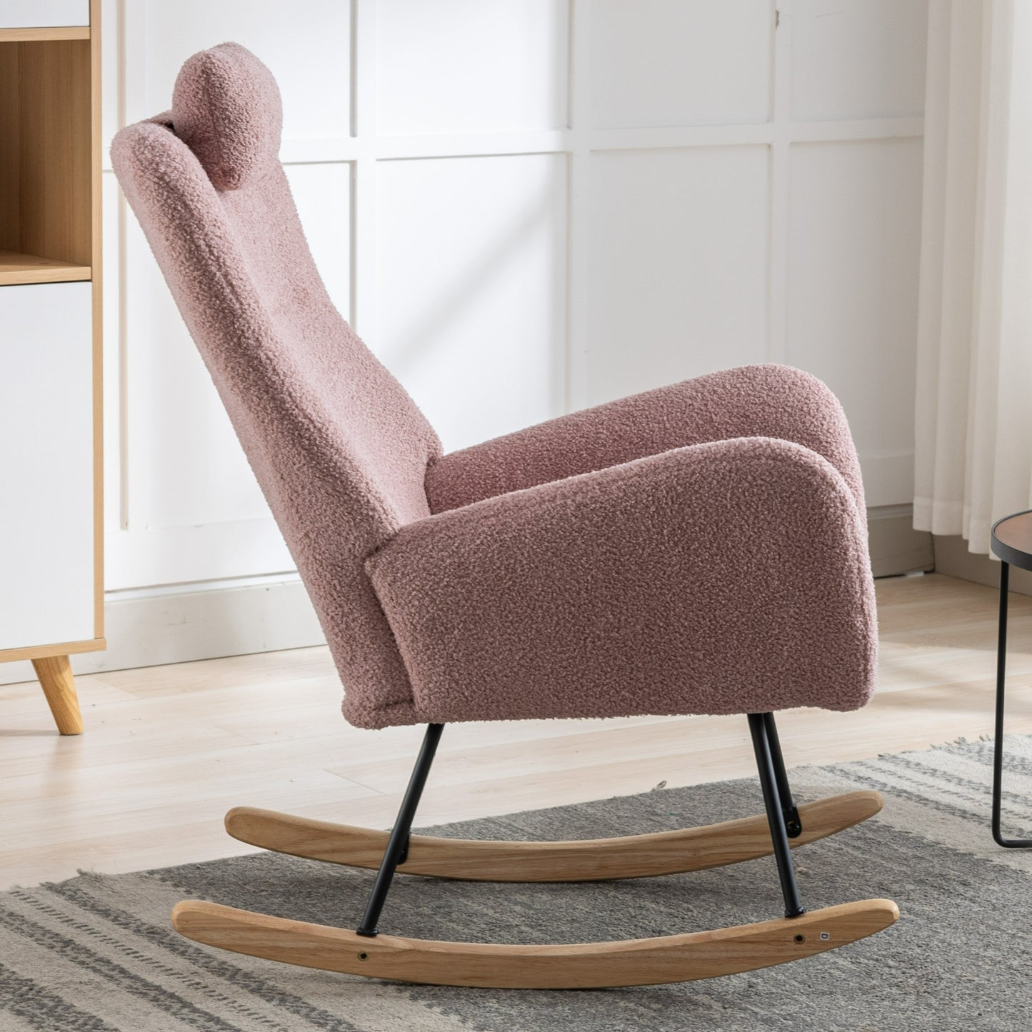 35.5 inch Rocking Chair with Pocket, Soft Teddy Fabric Rocking Chair for Nursery, Comfy Wingback Glider Rocker with Safe Solid Wood Base for Living Room Bedroom Balcony (pink)