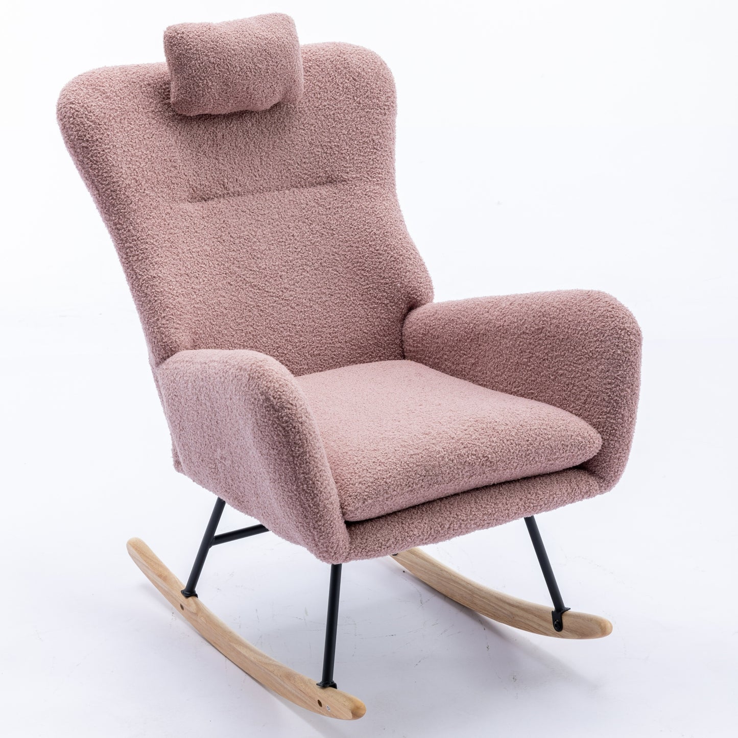 35.5 inch Rocking Chair with Pocket, Soft Teddy Fabric Rocking Chair for Nursery, Comfy Wingback Glider Rocker with Safe Solid Wood Base for Living Room Bedroom Balcony (pink)