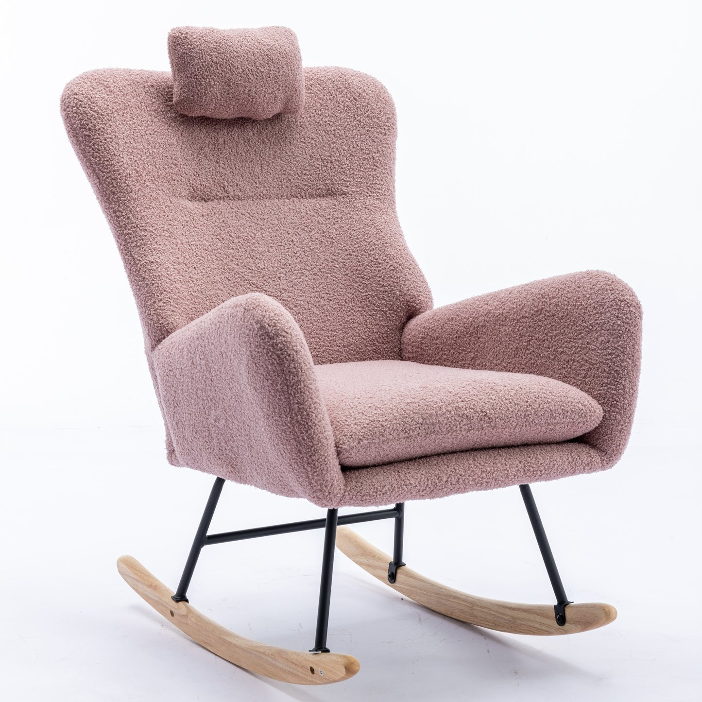 35.5 inch Rocking Chair with Pocket, Soft Teddy Fabric Rocking Chair for Nursery, Comfy Wingback Glider Rocker with Safe Solid Wood Base for Living Room Bedroom Balcony (pink)