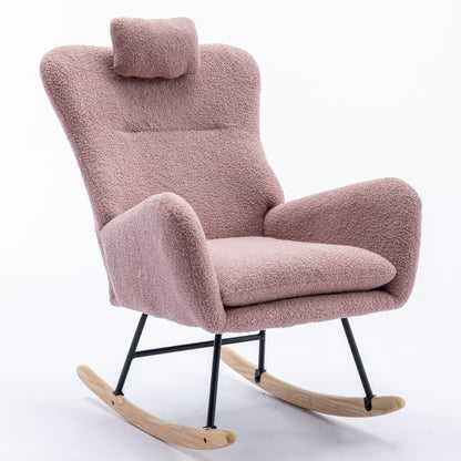 35.5 inch Rocking Chair with Pocket, Soft Teddy Fabric Rocking Chair for Nursery, Comfy Wingback Glider Rocker with Safe Solid Wood Base for Living Room Bedroom Balcony (pink)