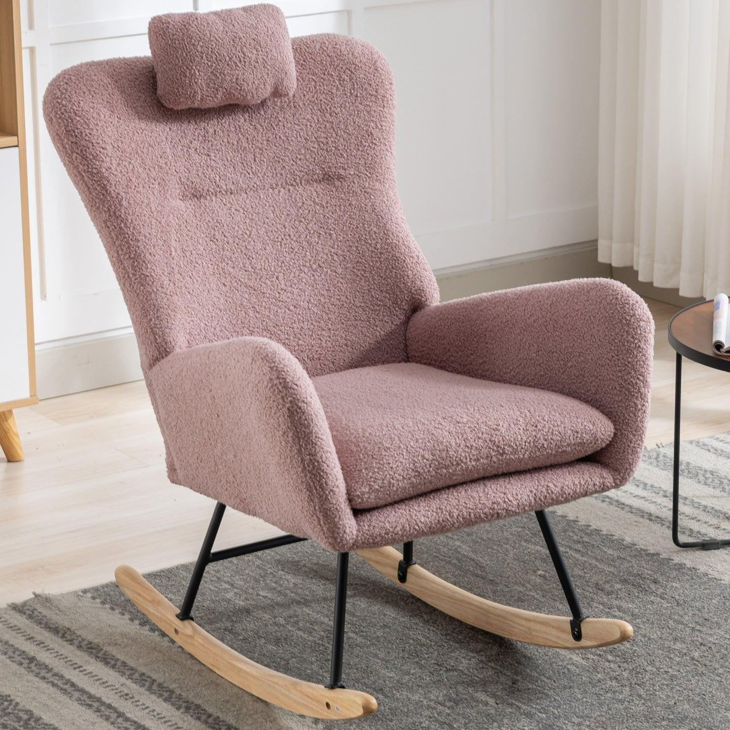 35.5 inch Rocking Chair with Pocket, Soft Teddy Fabric Rocking Chair for Nursery, Comfy Wingback Glider Rocker with Safe Solid Wood Base for Living Room Bedroom Balcony (pink)