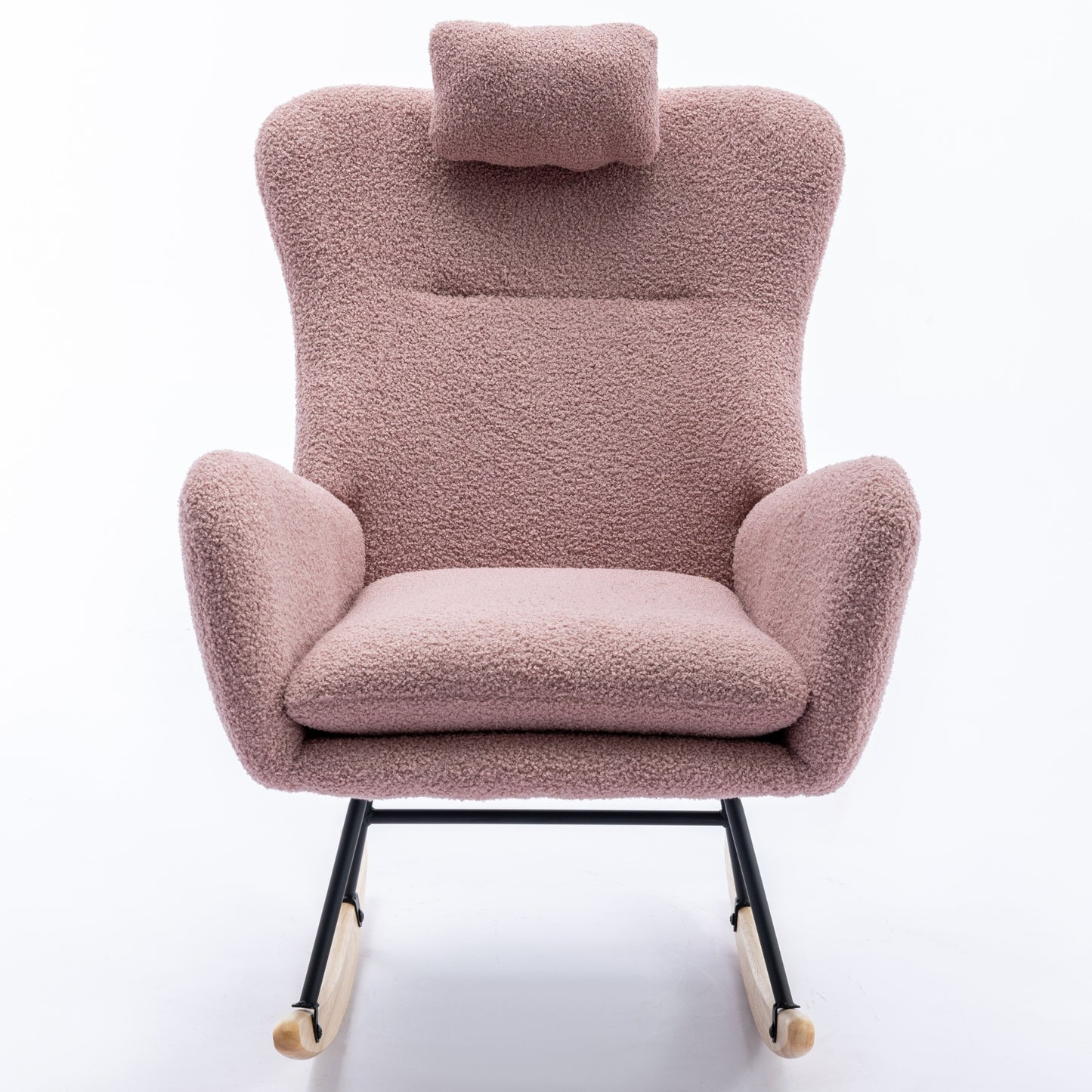 35.5 inch Rocking Chair with Pocket, Soft Teddy Fabric Rocking Chair for Nursery, Comfy Wingback Glider Rocker with Safe Solid Wood Base for Living Room Bedroom Balcony (pink)