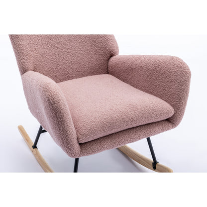 35.5 inch Rocking Chair with Pocket, Soft Teddy Fabric Rocking Chair for Nursery, Comfy Wingback Glider Rocker with Safe Solid Wood Base for Living Room Bedroom Balcony (pink)