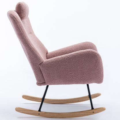 35.5 inch Rocking Chair with Pocket, Soft Teddy Fabric Rocking Chair for Nursery, Comfy Wingback Glider Rocker with Safe Solid Wood Base for Living Room Bedroom Balcony (pink)