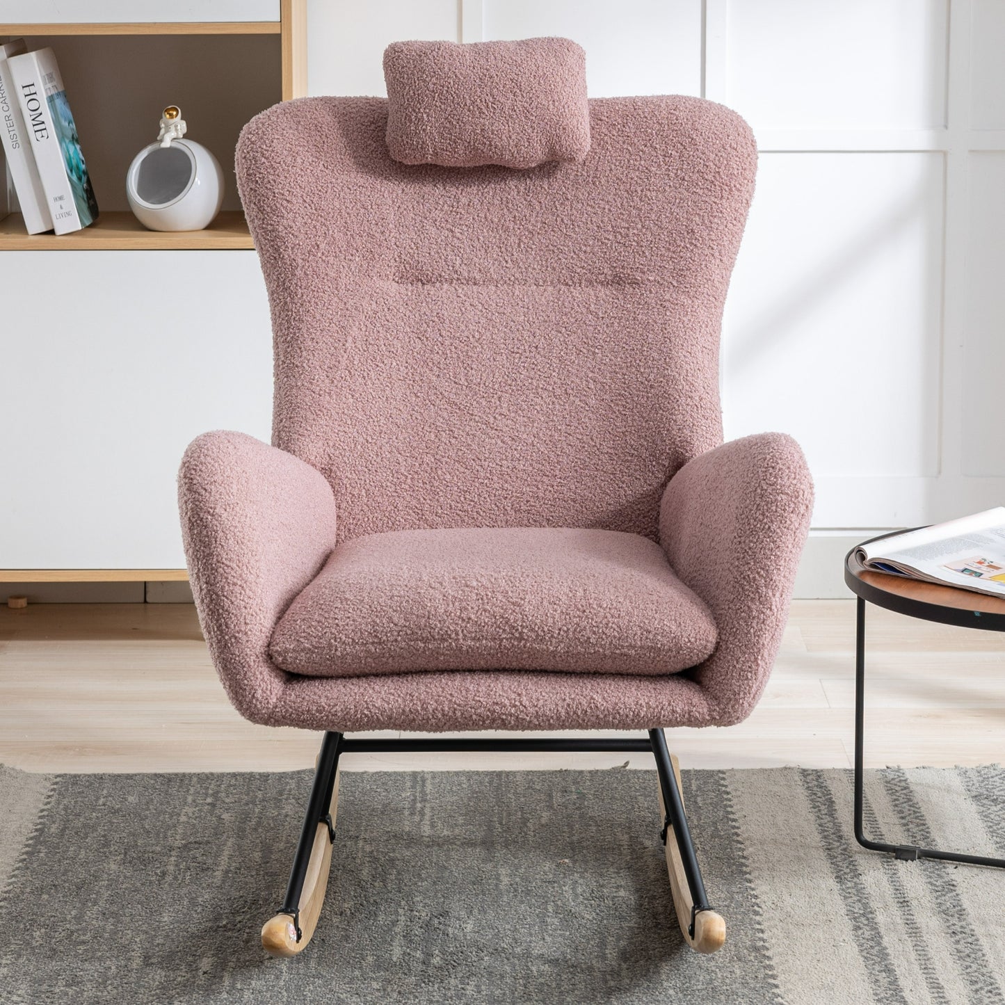 35.5 inch Rocking Chair with Pocket, Soft Teddy Fabric Rocking Chair for Nursery, Comfy Wingback Glider Rocker with Safe Solid Wood Base for Living Room Bedroom Balcony (pink)