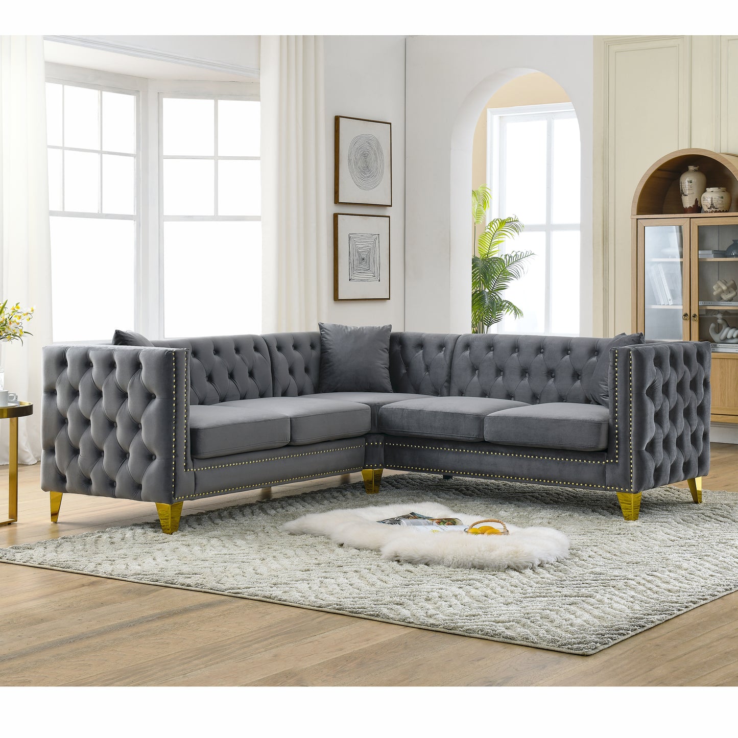 82.2-Inch Velvet Corner Sofa, L-Shaped Sectional Couch, 5-Seater Corner Sofas with 3 Cushions for Living Room, Bedroom, Apartment, Office