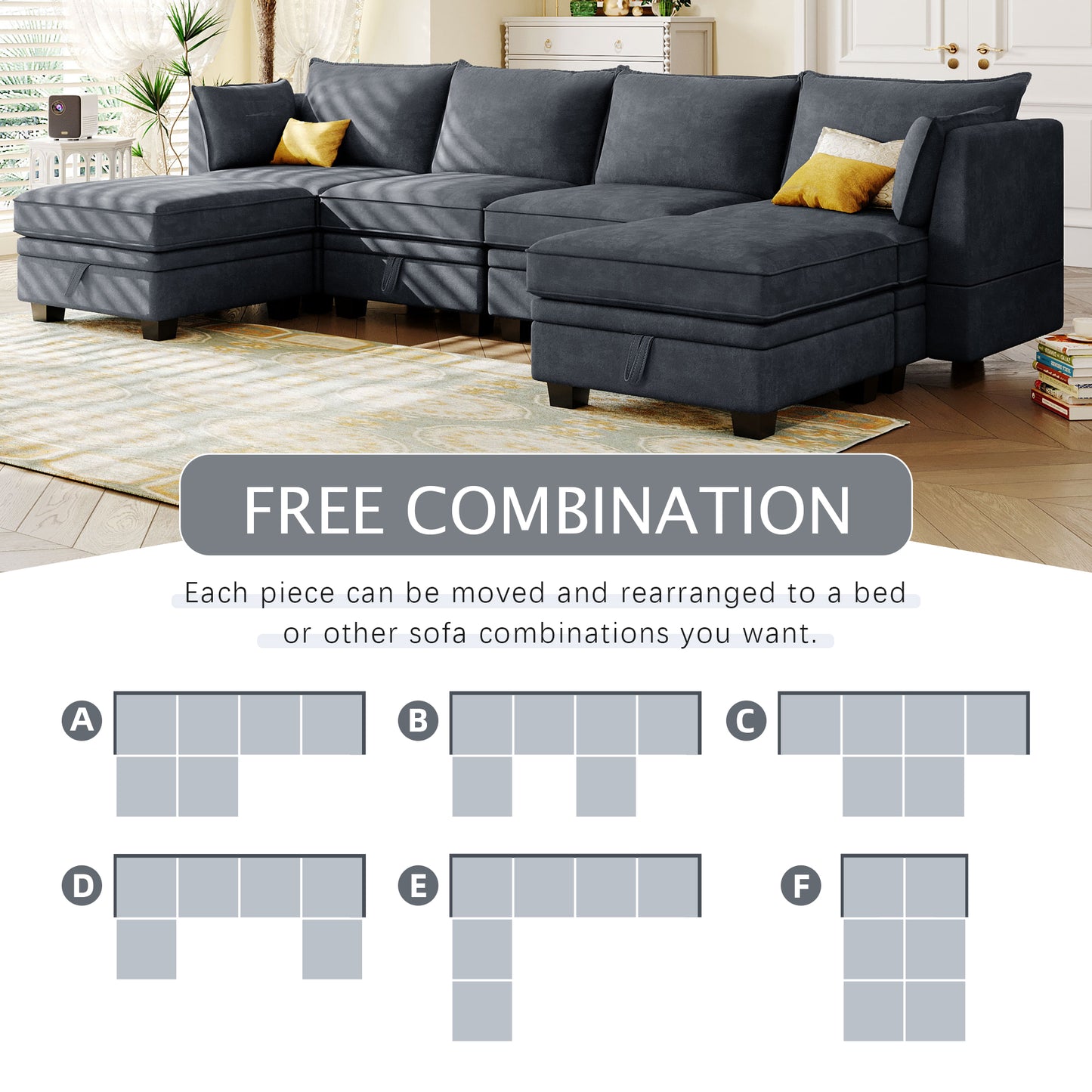 U_Style Modern Large U-Shape Modular Sectional Sofa, Convertible Sofa Bed with Reversible Chaise for Living Room, Storage Seat