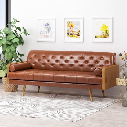 Mid-Century Modern Tufted Sofa with Rolled Accent Pillows