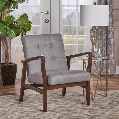 Mid Century Modern Fabric Club Chair with Wood Frame, Grey and Dark Espresso