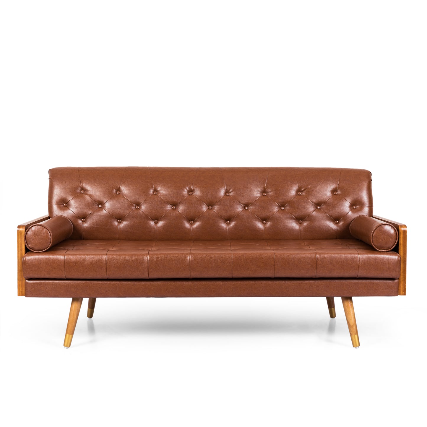 Mid-Century Modern Tufted Sofa with Rolled Accent Pillows