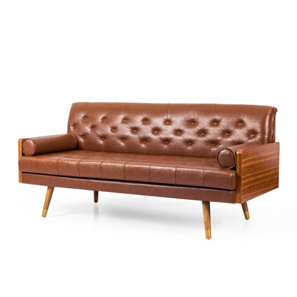 Mid-Century Modern Tufted Sofa with Rolled Accent Pillows