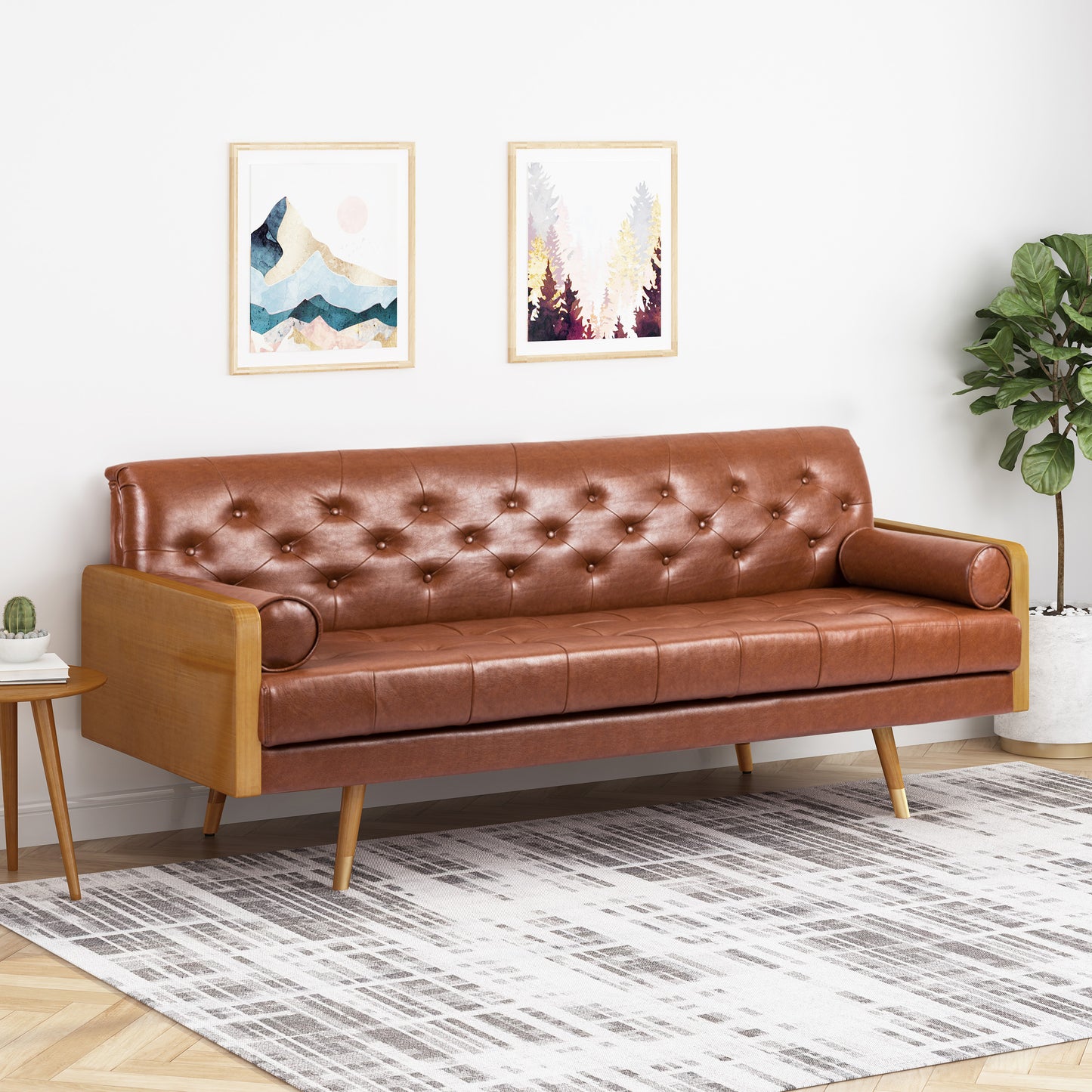 Mid-Century Modern Tufted Sofa with Rolled Accent Pillows